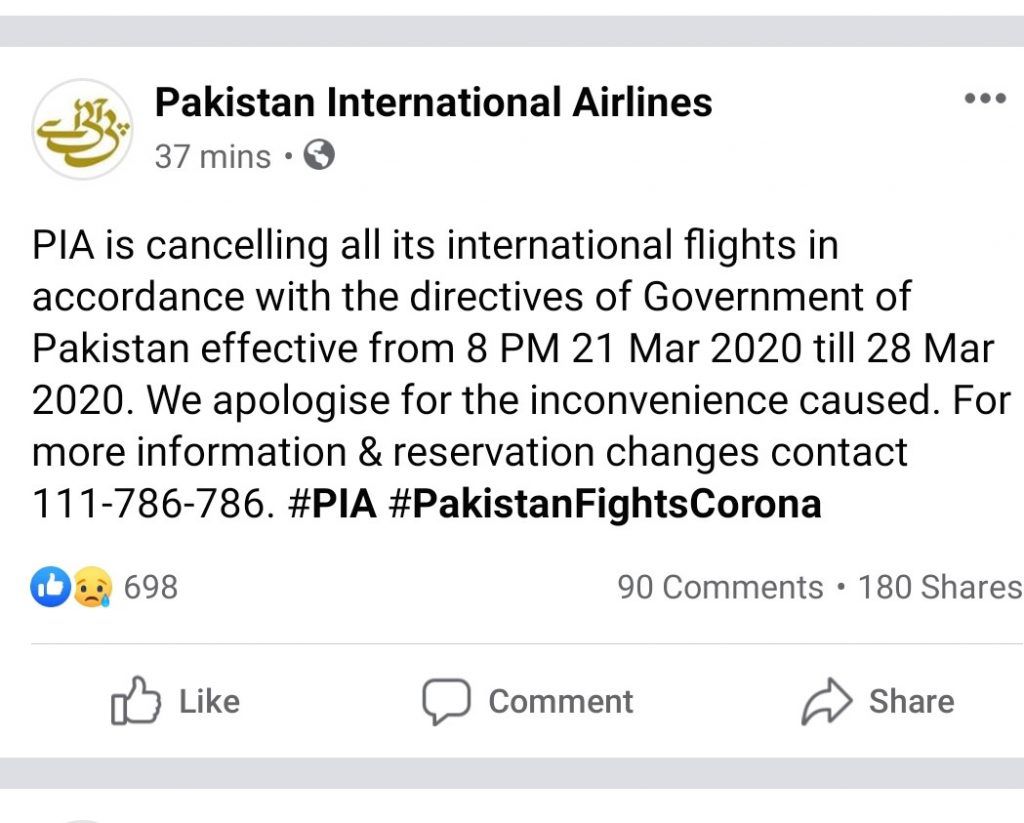 PIA - FB Notification of International Flight Suspensions